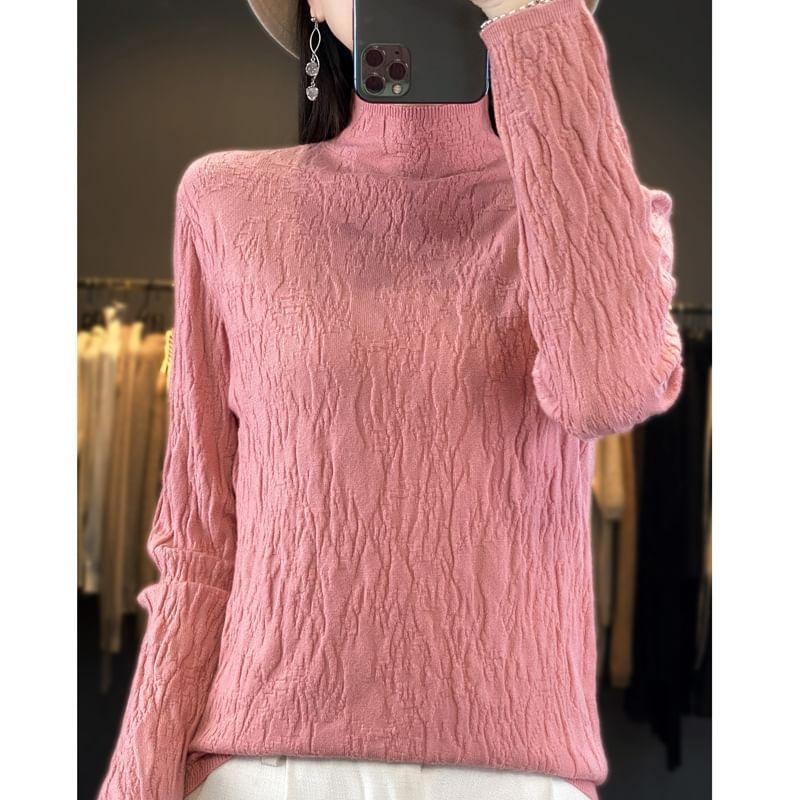 Long-Sleeve Mock Neck Plain Knit Top Product Image