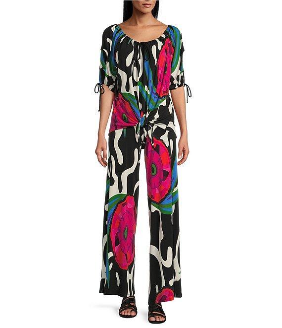 Eva Varro Abstract Print Boat Neck 3/4 Blouson Sleeve Pleated Tie Top Product Image