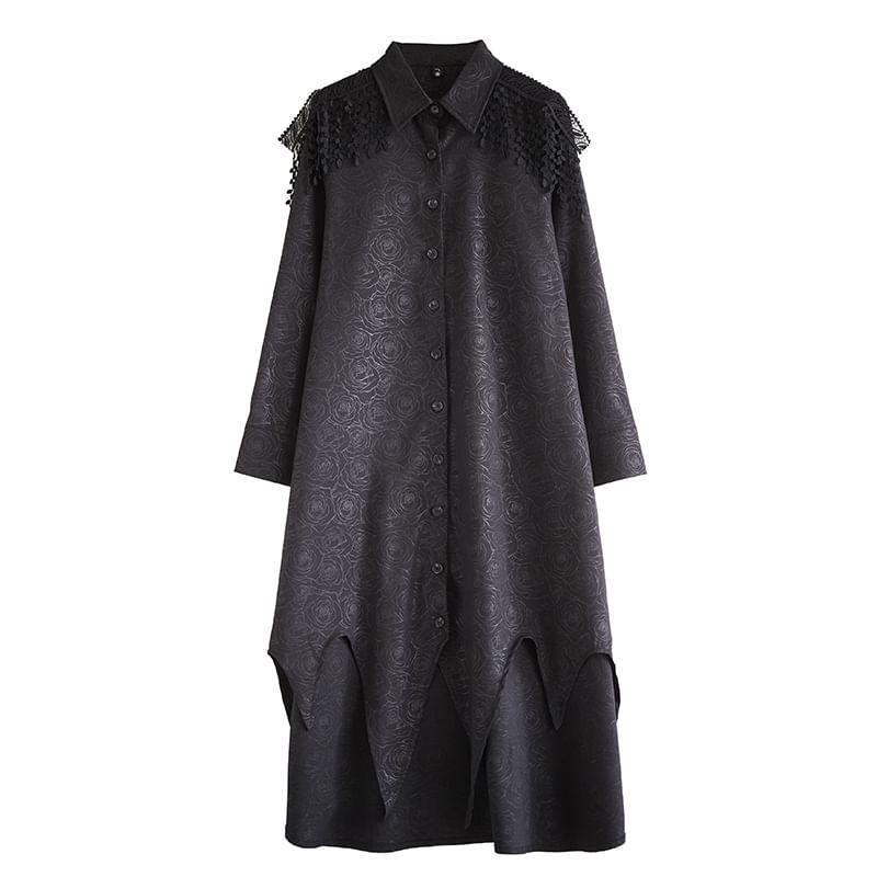 Long-Sleeve Jacquard Asymmetrical Midi Shirt Dress Product Image