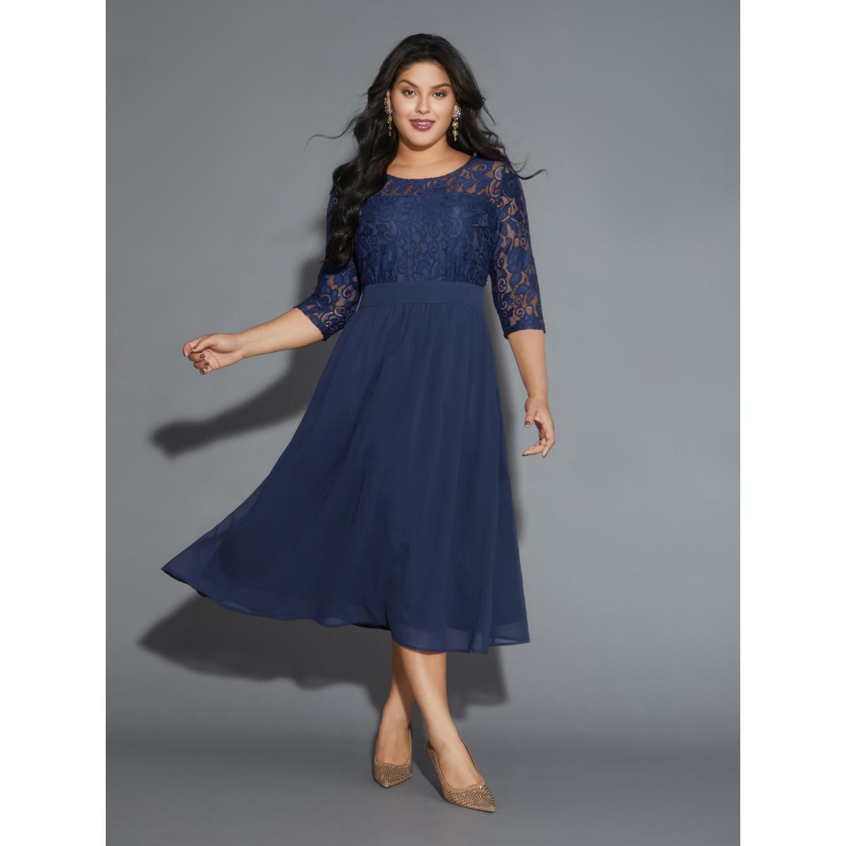 Plus Size Lace Patchwork Shirred Midi Pocket Dress DarkBlue Women Formal Woven ribbon&lace trim Round Neck Elbow-length sleeve Curvy BloomChic 10/M Product Image