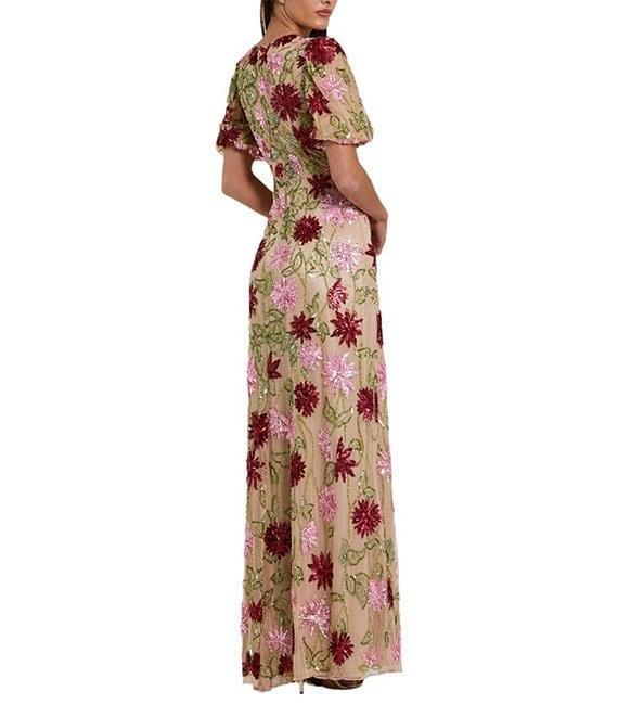 Mac Duggal Embellished Beaded Mesh Floral Crew Neck Short Sleeve Gown Product Image