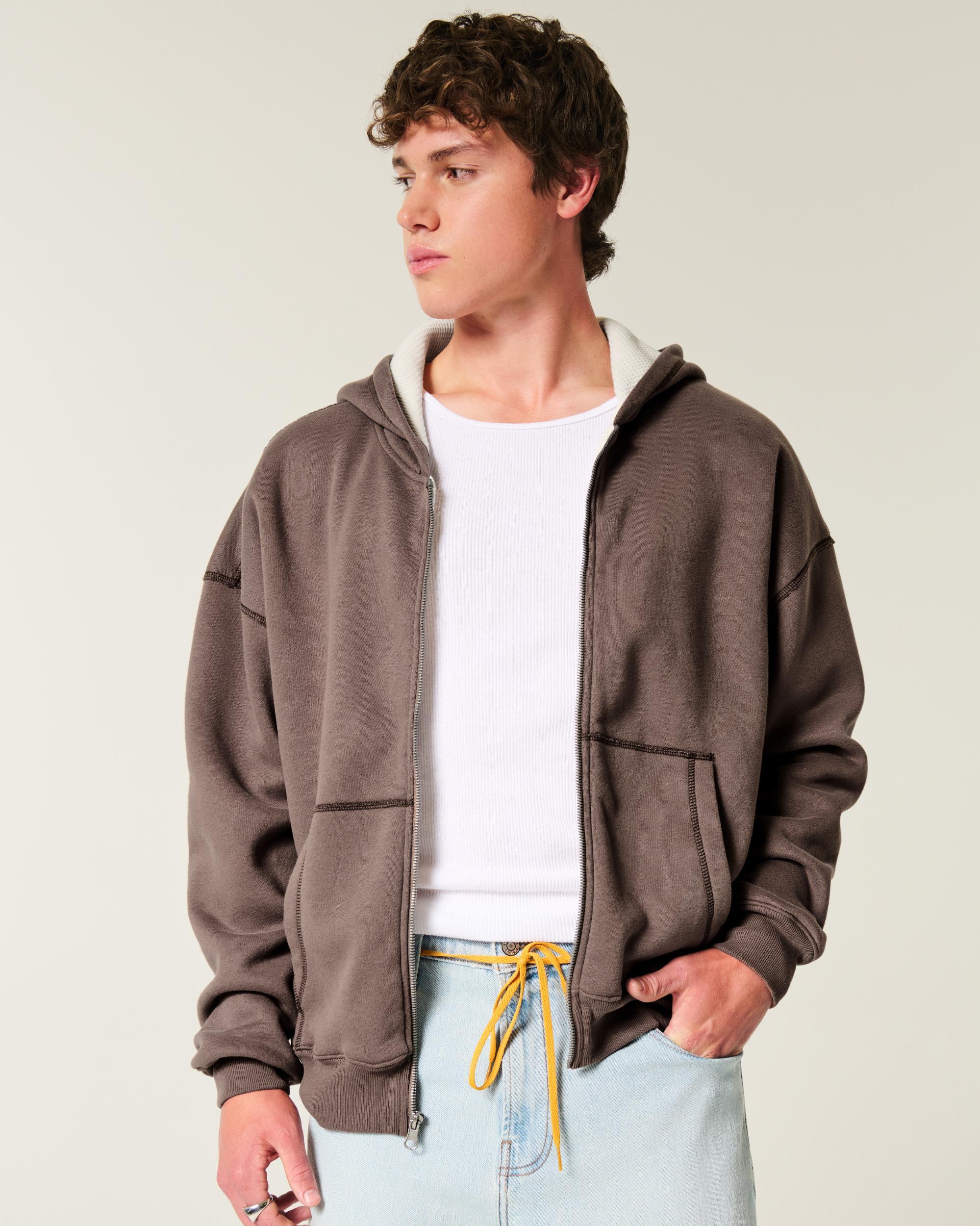 Boxy Waffle-Lined Zip-Up Hoodie Product Image