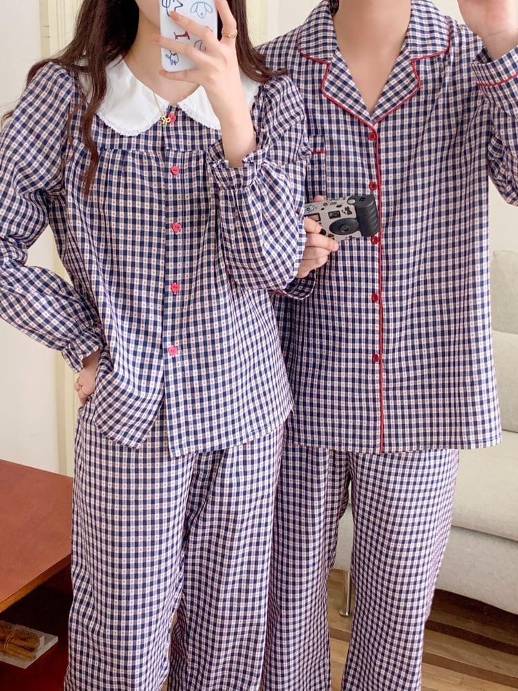 Couple Matching Pajama Set:  Long-Sleeve Collar Plaid Button Top + Pants (Various Designs) Product Image