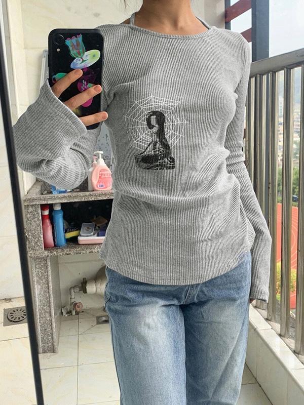 Print Halter Slim Knit Top Product Image