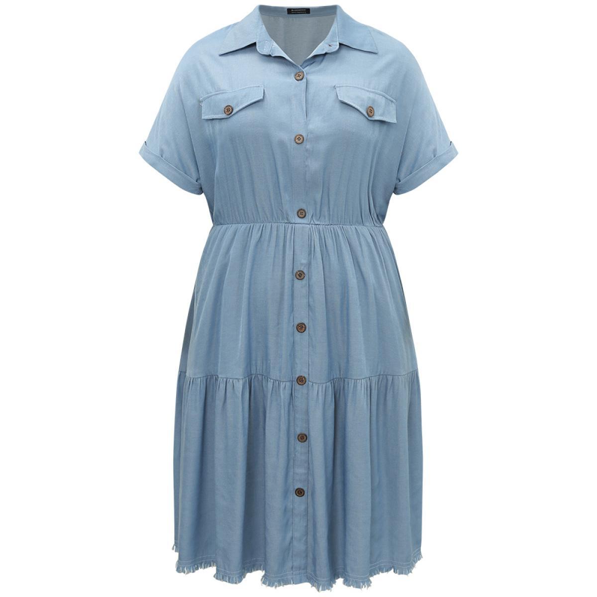 Plus Size Plain Pocket Button Detail Gathered Roll Dolman Sleeve Dress Stone Women Casual Gathered Shirt collar Short sleeve Curvy Midi Dress BloomChic 30/6X Product Image