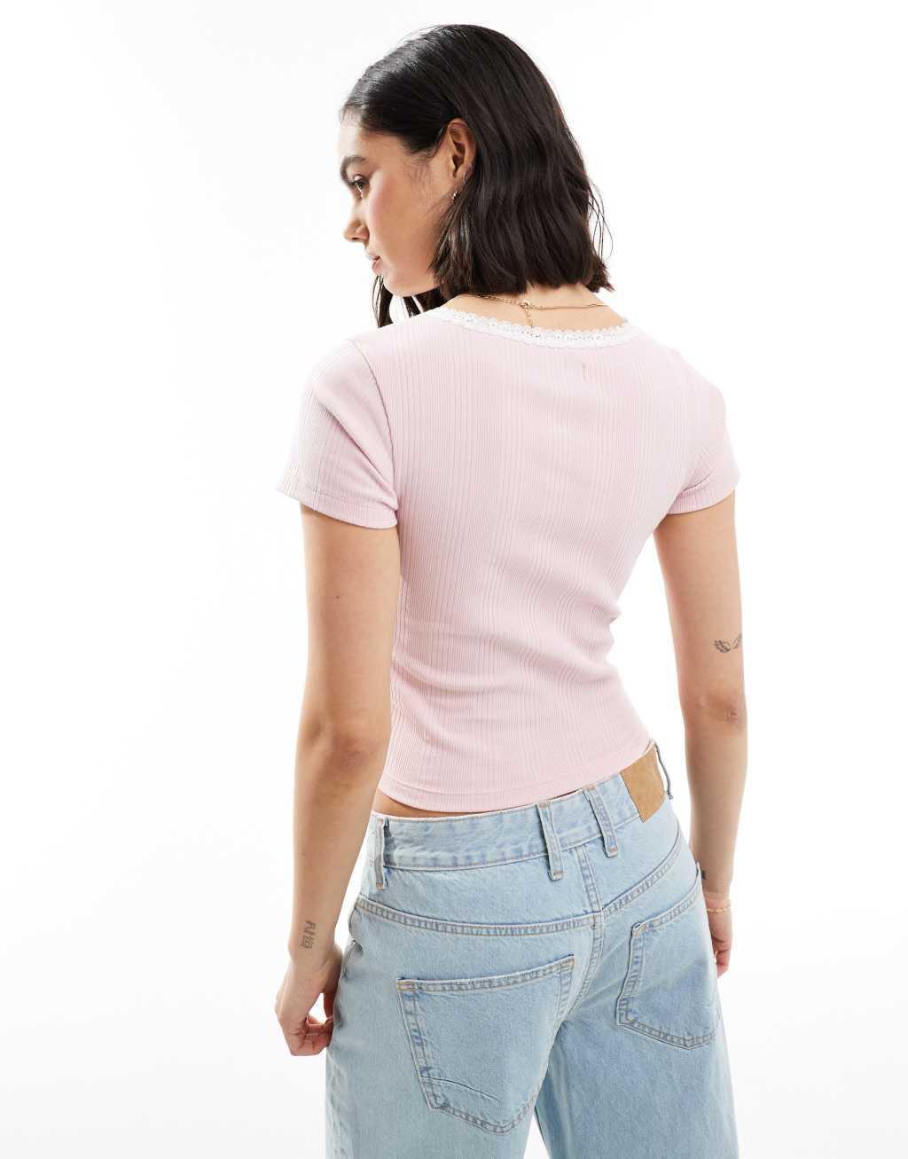 Miss Selfridge short sleeve notch front ribbed t-shirt in light pink Product Image