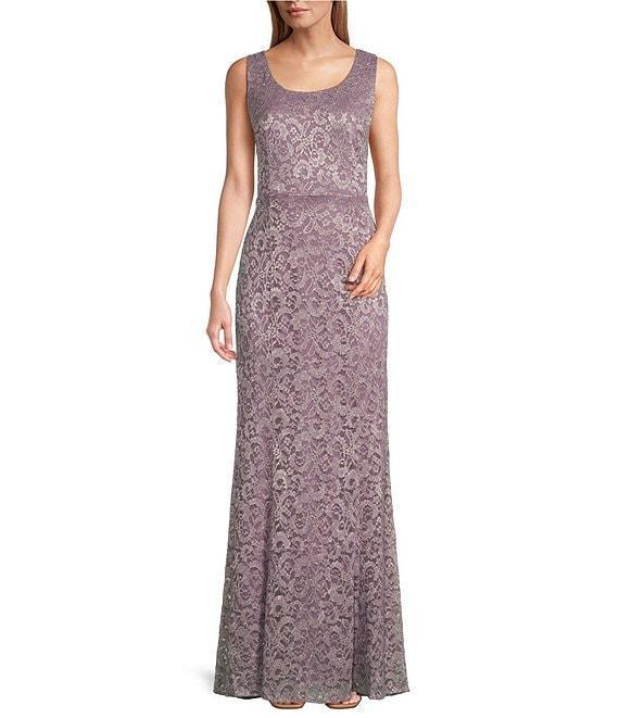 R & M Richards Petite Size Scallop Lace Charmeuse Metallic Mermaid Jacket Dress Product Image