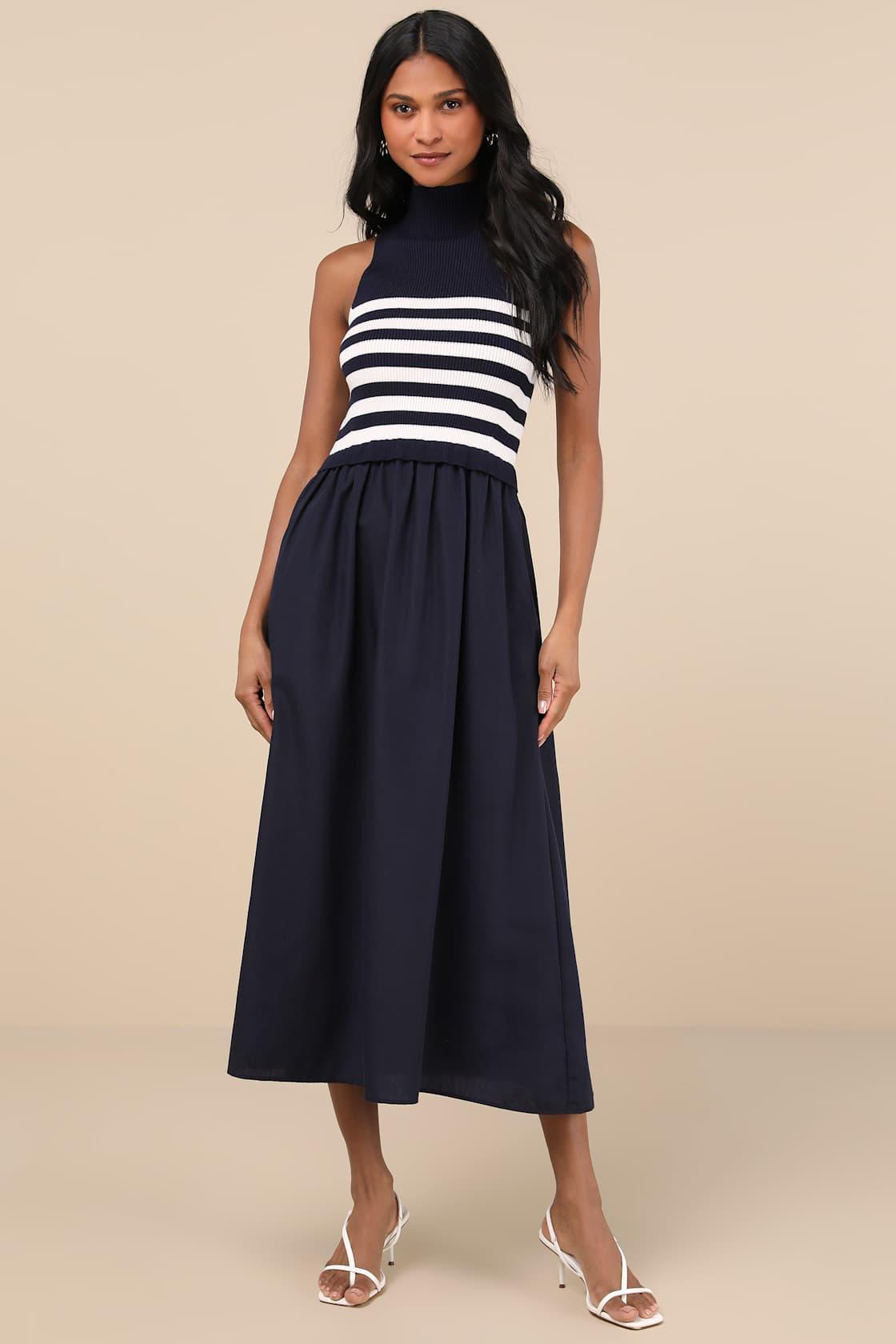 Confident Cues Navy Striped Mixed Media Midi Dress Product Image