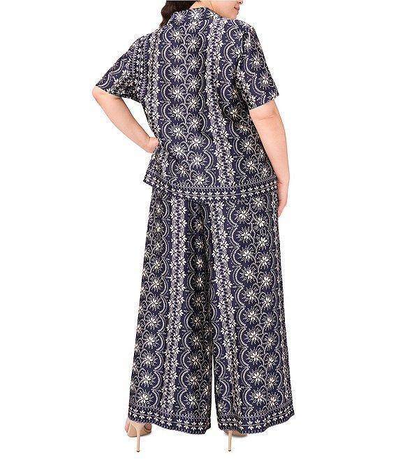 CeCe Plus Size Woven Notch Collar Short Sleeve Button Front Camp Coordinating Shirt Product Image