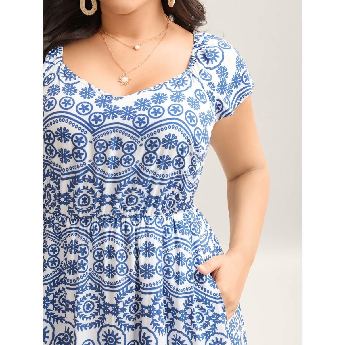 Plus Size Geometric Print Pockets Flowy Midi Dress DarkBlue Women Boho Heart neckline Cap Sleeve Curvy BloomChic 12/L Product Image