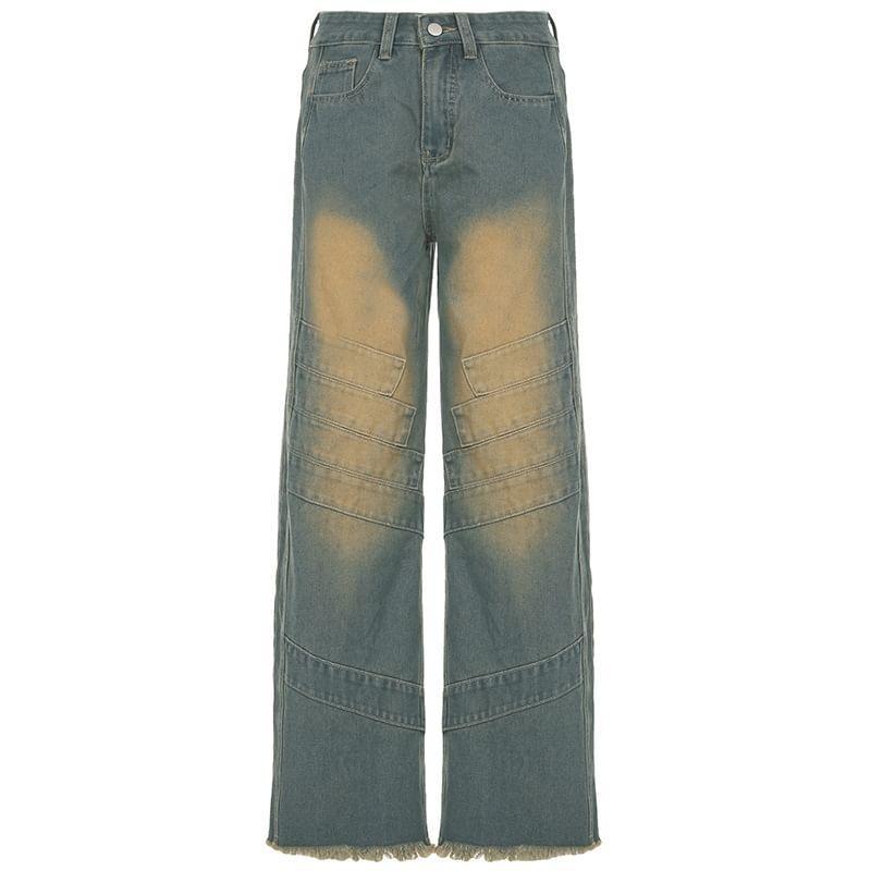 High Waist Washed Straight-Fit Jeans Product Image