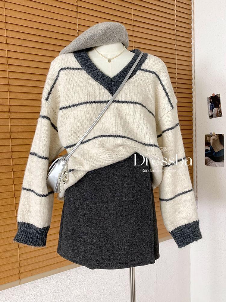 V-Neck Striped Sweater Product Image