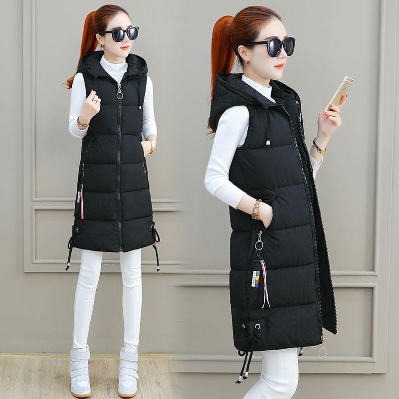 Hooded Zip-Up Long Puffer Vest Product Image