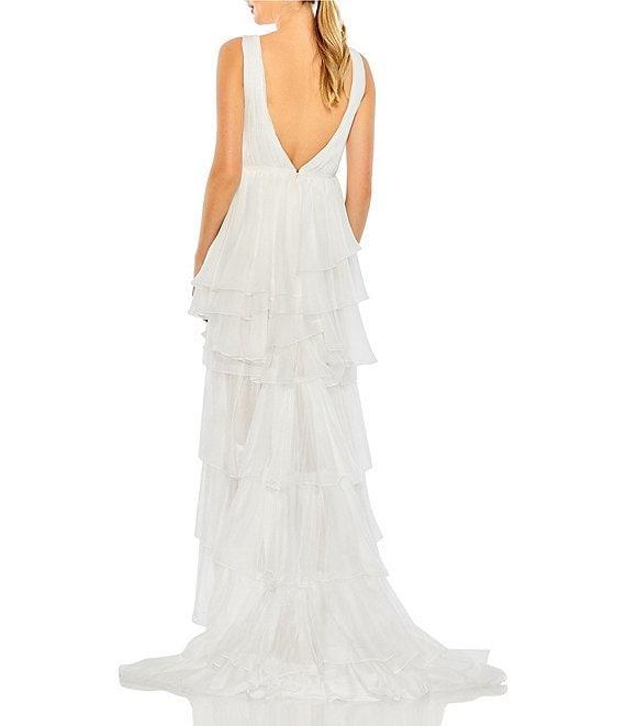 Mac Duggal Double V Neck Built in Bodysuit Hi Low Tiered Gown Product Image