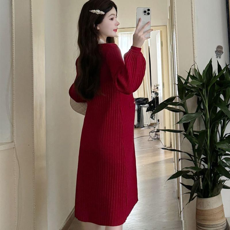 Maternity Long Sleeve Peter Pan Collar Two Tone Button Down Midi Sweater Dress Product Image