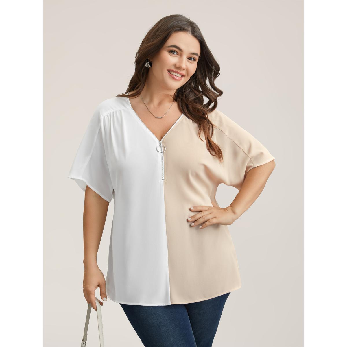 Plus Size Multicolor Sheer Zipper-Front V-Neck Shirt Women At the Office Short sleeve V-neck Work Blouses BloomChic 10/M Product Image