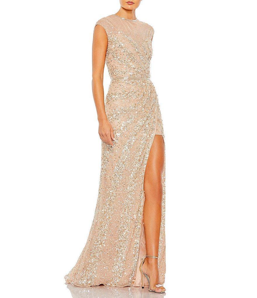 Mac Duggal Embellished Sequin Illusion High Neck Cap Sleeve Thigh High Slit Gown Product Image