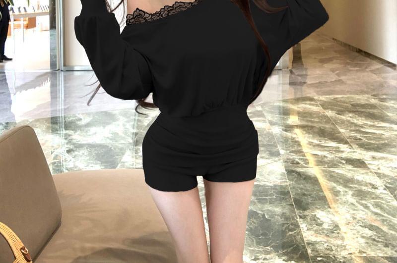 Set: Long-Sleeve Asymmetrical Neck Off-Shoulder Lace Trim Tee + High Waist Shorts Product Image