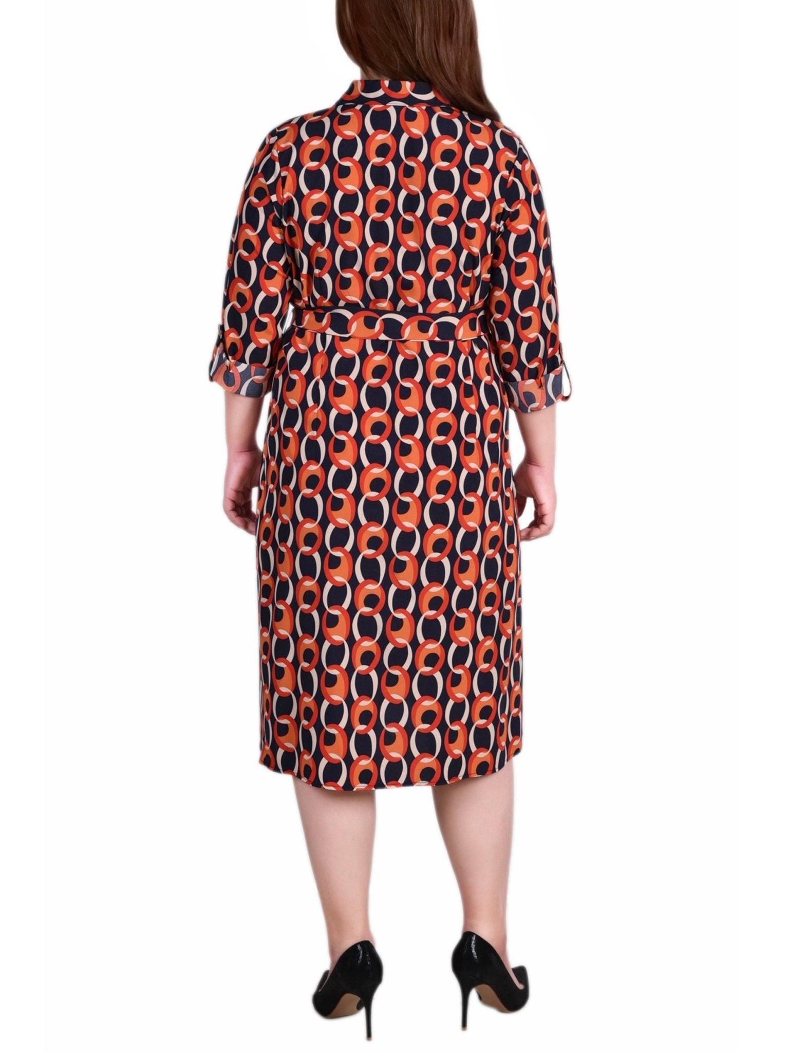 Black Red Circle Chain 3/4 Roll Tab Sleeve Belted Shirtdress - Plus Product Image