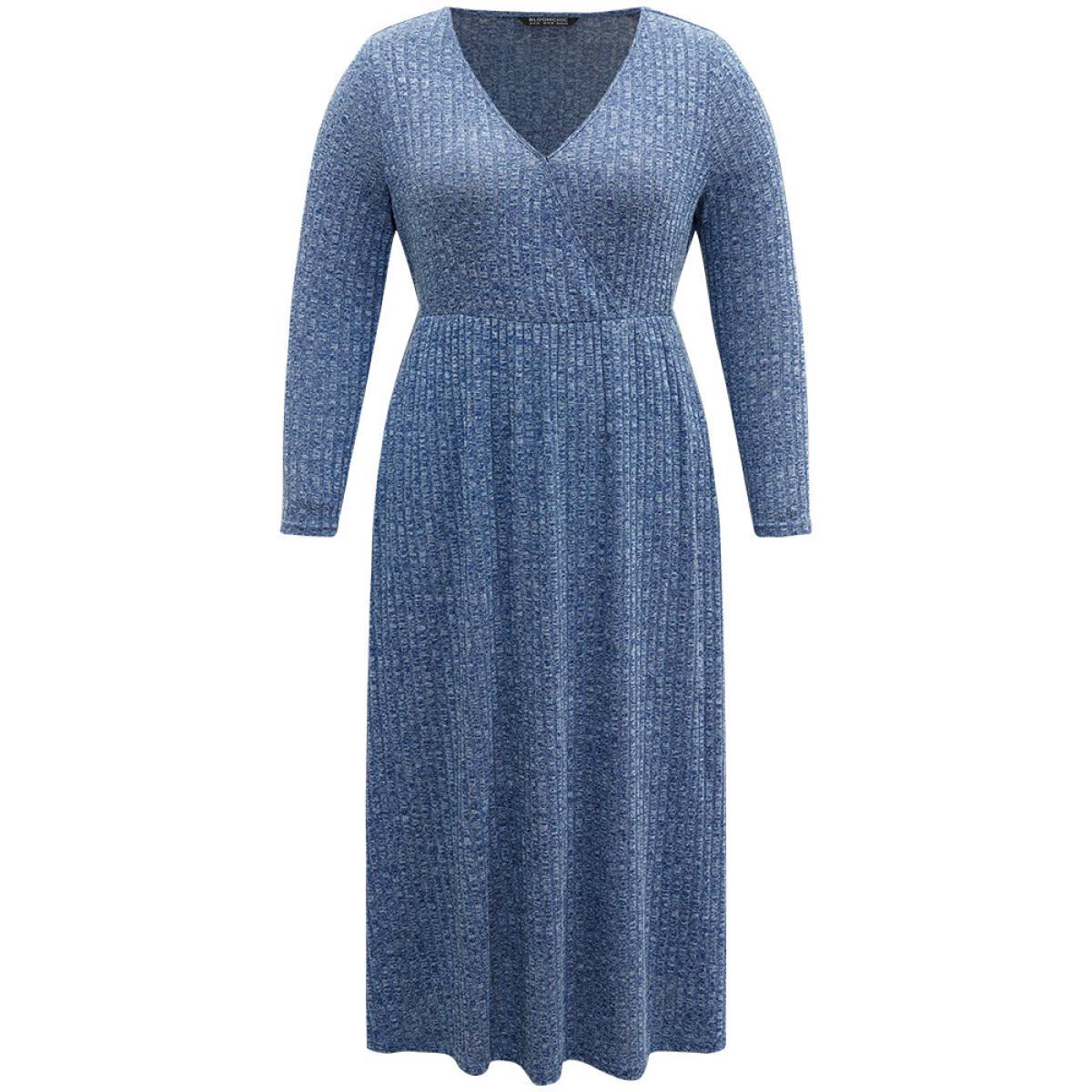 Plus Size Solid Rib Knit Overlap Collar Pocket Dress Indigo Women Casual Texture Overlap Collar Long Sleeve Curvy Midi Dress BloomChic 14-16/1X Product Image