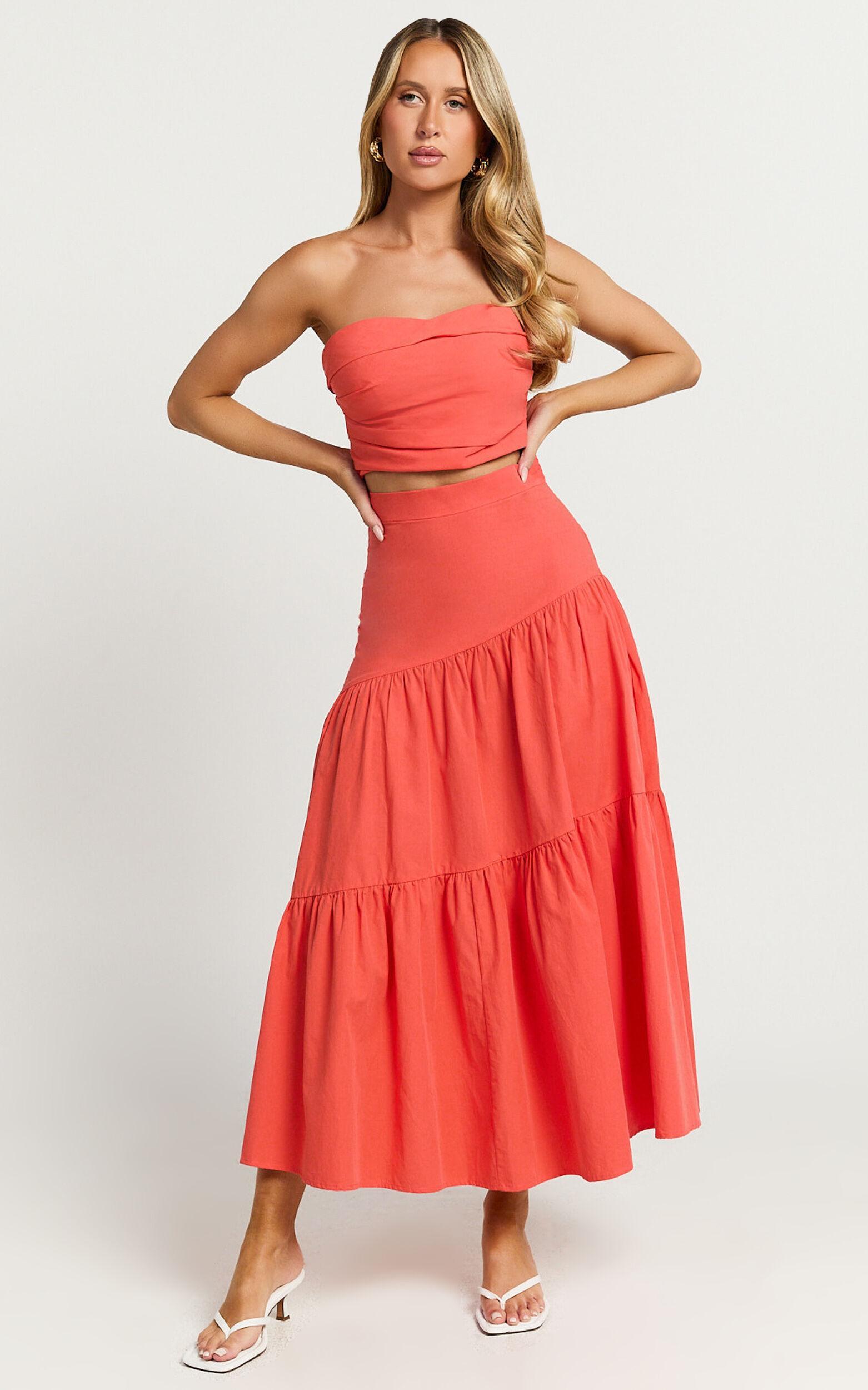 Schiffer Two Piece Set - Strapless Top and Tiered Midi Skirt in Red Product Image