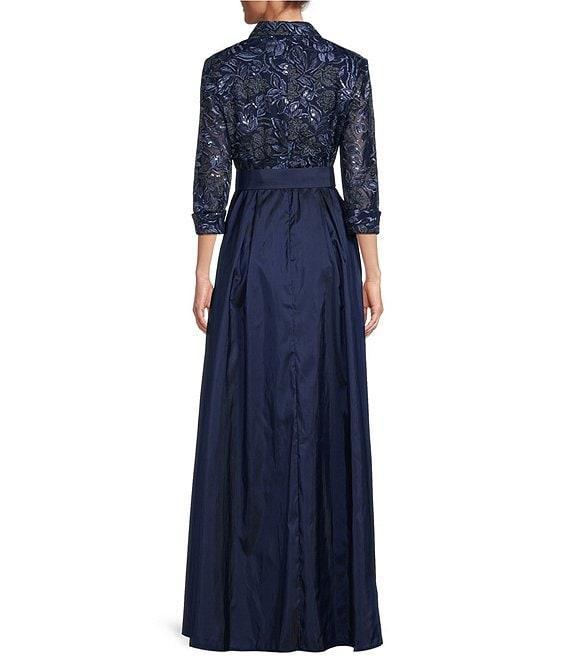 Alex Evenings Collared V Neck 3/4 Sleeve Belted A Line Stretch Tulle Gown Product Image