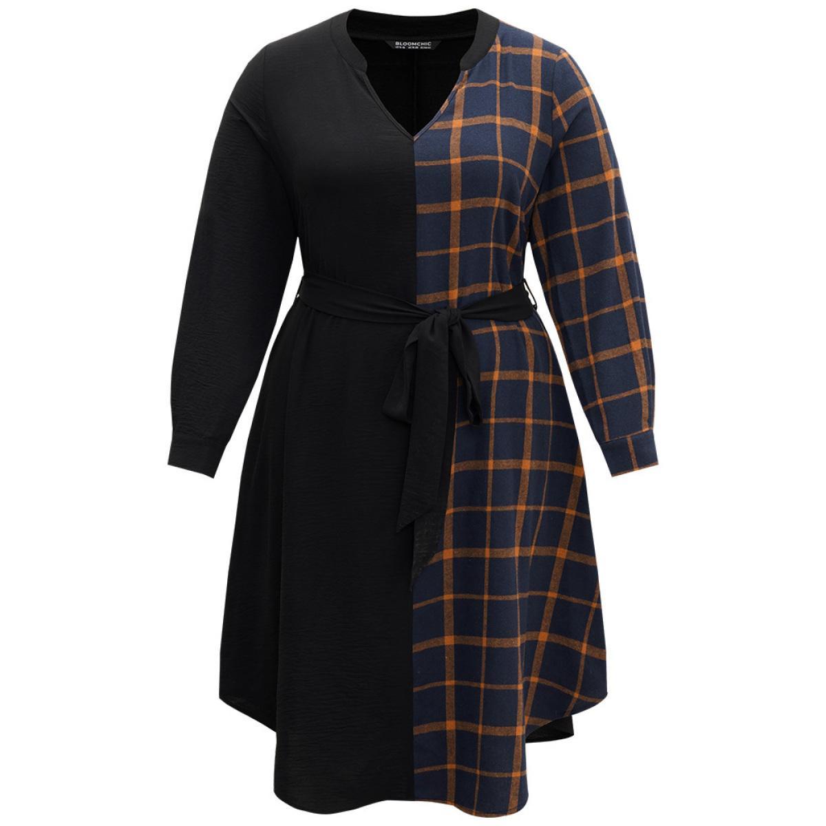 Plus Size Plaid Patchwork Notched Belted Dress Black Women Office Belted Notched collar Long Sleeve Curvy Midi Dress BloomChic 18-20/2X Product Image