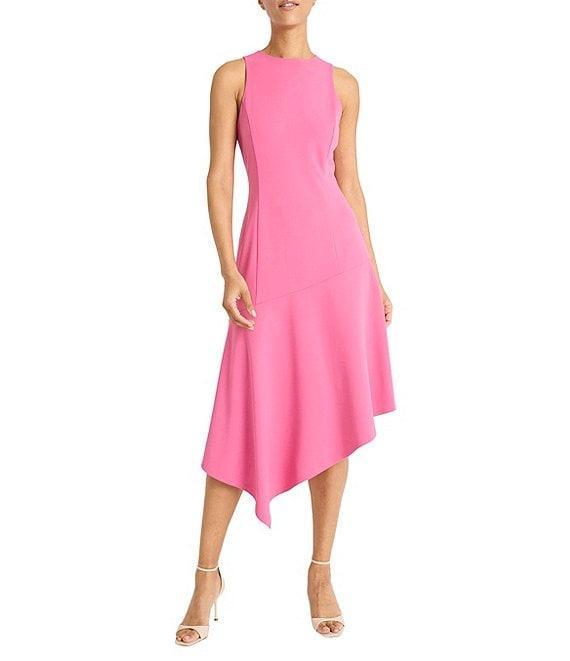 Maggy London Crew Neck Sleeveless Scuba Crepe Asymmetrical Hem Midi Dress Product Image