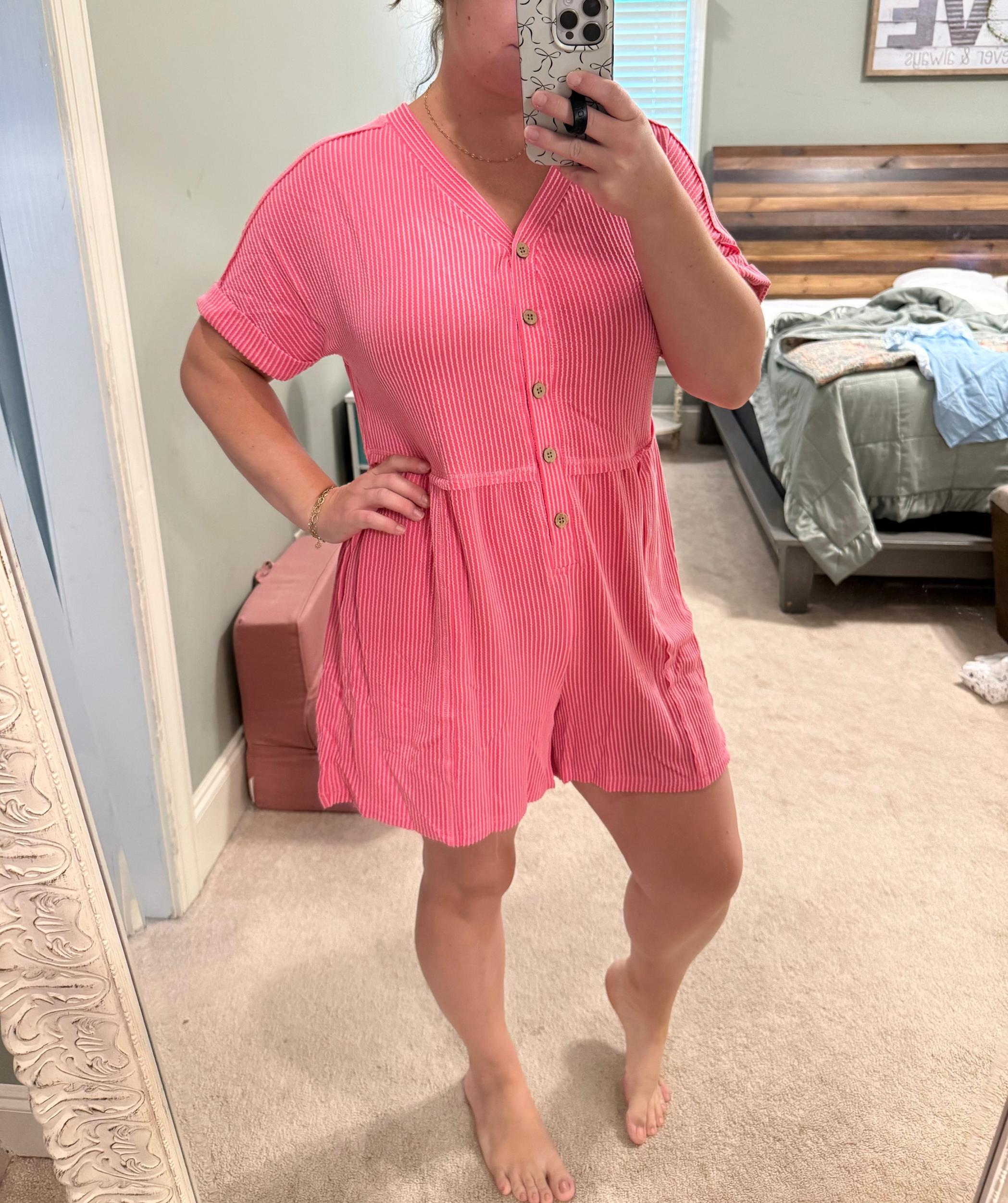Pink Ribbed Button Romper- Preorder Product Image