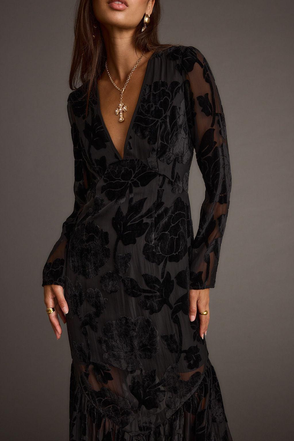 Angela Black Velvet Burnout Long Sleeve Maxi Dress Product Image