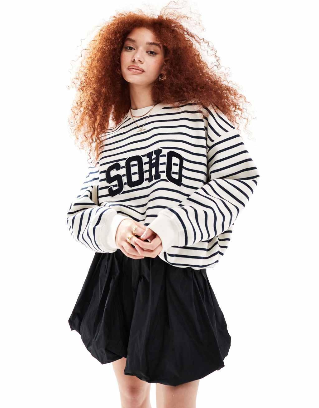 4th & Reckless boucle Soho logo sweatshirt in cream and navy stripe Product Image