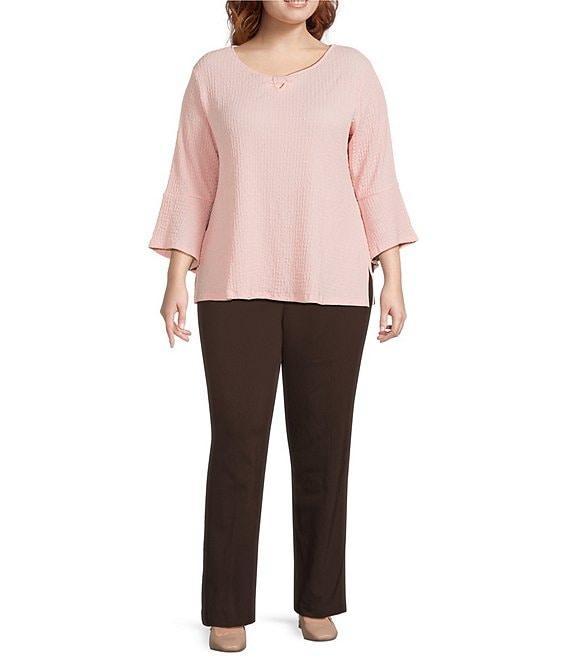 Allison Daley Plus Size Pucker Knit 3/4 Sleeve Keyhole Neck Top Product Image