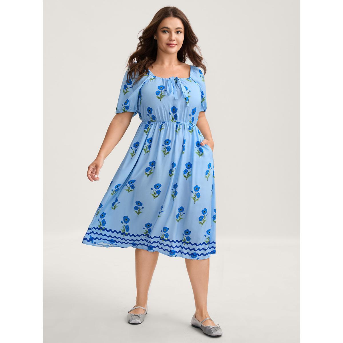 Plus Size Rayon Neck Tie Pockets Floral Midi Dress Skyblue Women Square Neck Short sleeve Curvy BloomChic 26/4X Product Image