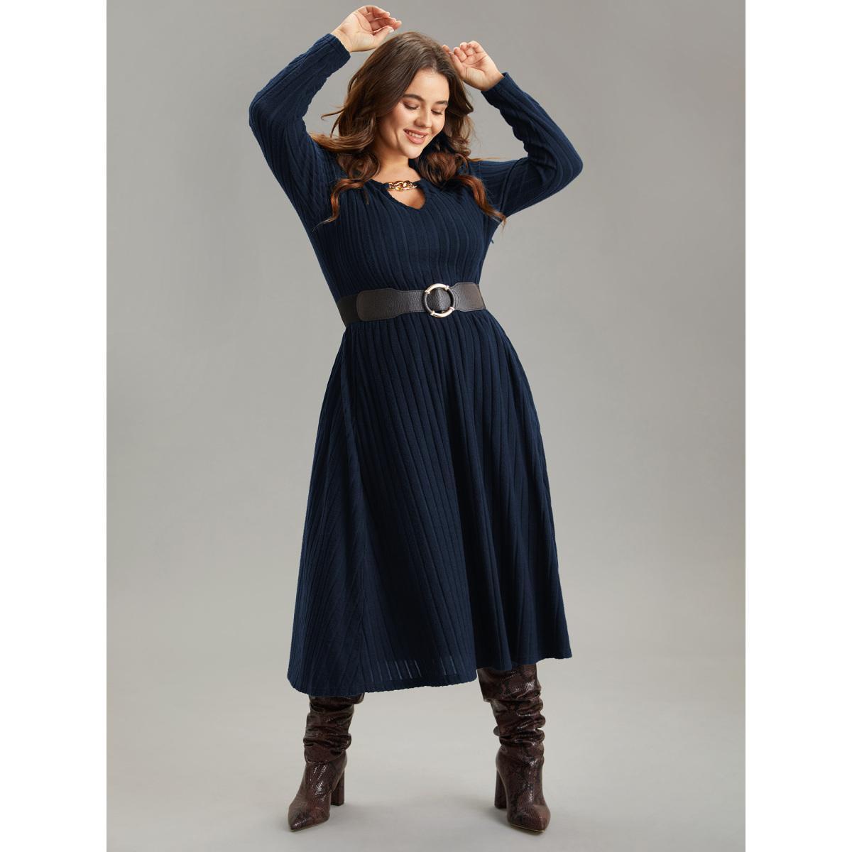 Plus Size Rib Knit Plain Notched Pocket Dress DarkBlue Women Work From Home Rib Knit Notched collar Long Sleeve Curvy Midi Dress BloomChic 18-20/2X Product Image