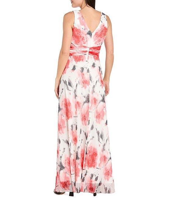 R & M Richards Crinkled Ruched Waist V-Neck Sleeveless Printed A-Line Gown Product Image
