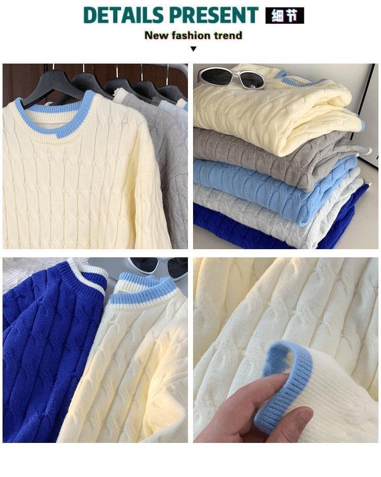 Crew Neck Contrast Trim Cable Knit Sweater Product Image