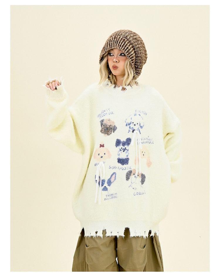 Drop Shoulder Round Neck Dog Print Distressed Oversized Sweater Product Image