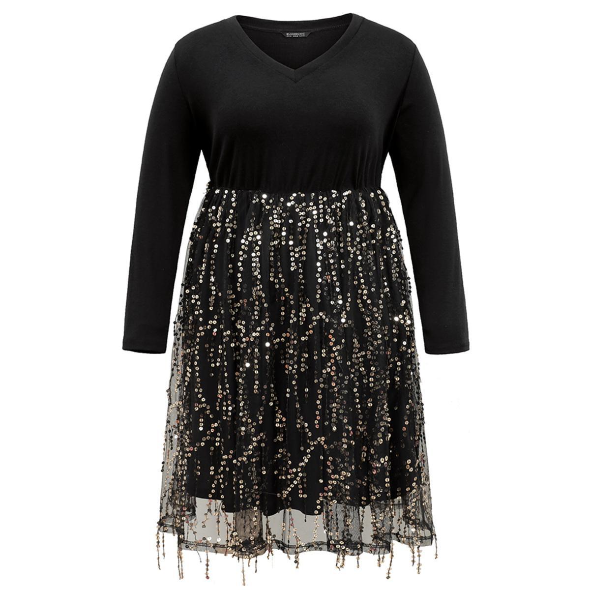 Plus Size Patchwork Sequin Mesh Tassel Trim Dress Black Women Cocktail Sequin V-neck Long Sleeve Curvy Knee Dress BloomChic 22-24/3X Product Image