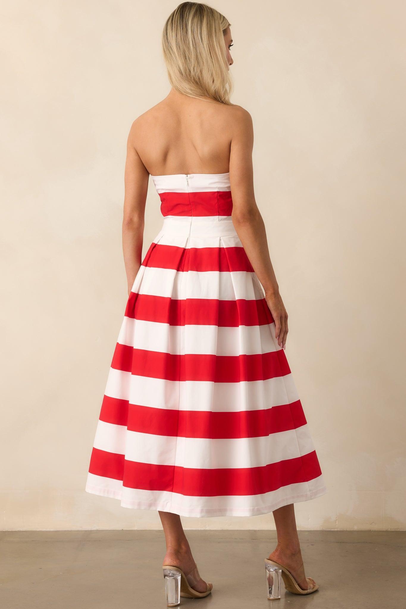 Crisp Contrast Red Stripe Strapless Midi Dress Product Image
