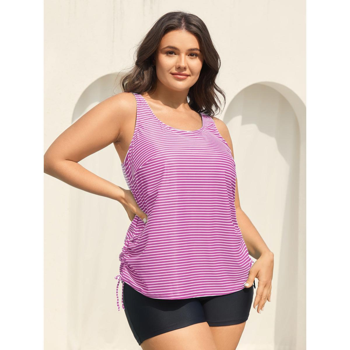 Plus Size Striped Non-Removable Cups Swim Top Women's Swimwear Beanpastepowder Resort Drawstring High stretch Bodycon U-neck Curve Swim Tops BloomChic 18-20/2X Product Image
