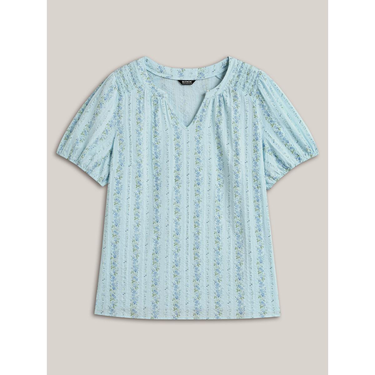 Plus Size LightBlue Cotton Floral Print Notched Collar Blouse Women Timeless Short sleeve Flat collar Elegant Blouses BloomChic 22-24/3X Product Image