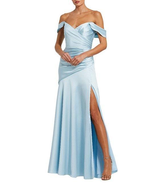 Mac Duggal Off-The-Shoulder Ruched Bodice Satin Charmeuse Drop Waist Gown Product Image