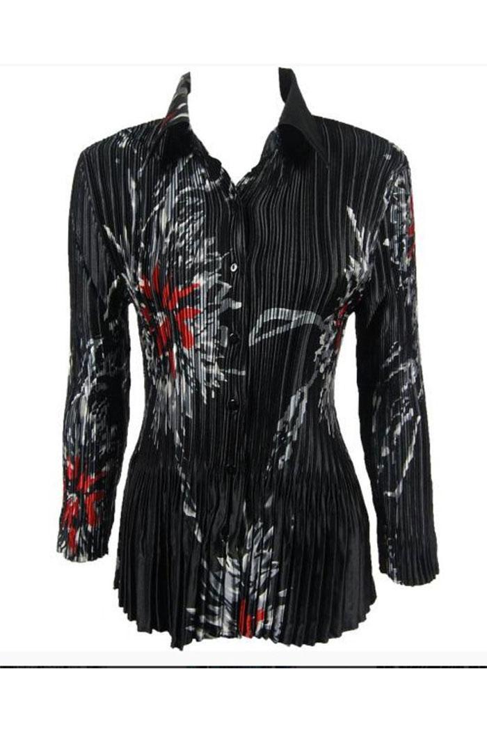 Stylish Satin Mini Pleated Shirt in a Red-Grey Floral on Black Product Image