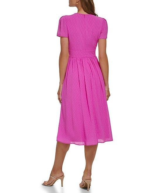 DKNY V-Neck Short Sleeve Covered Button Bodice Chiffon A-Line Midi Dress Product Image