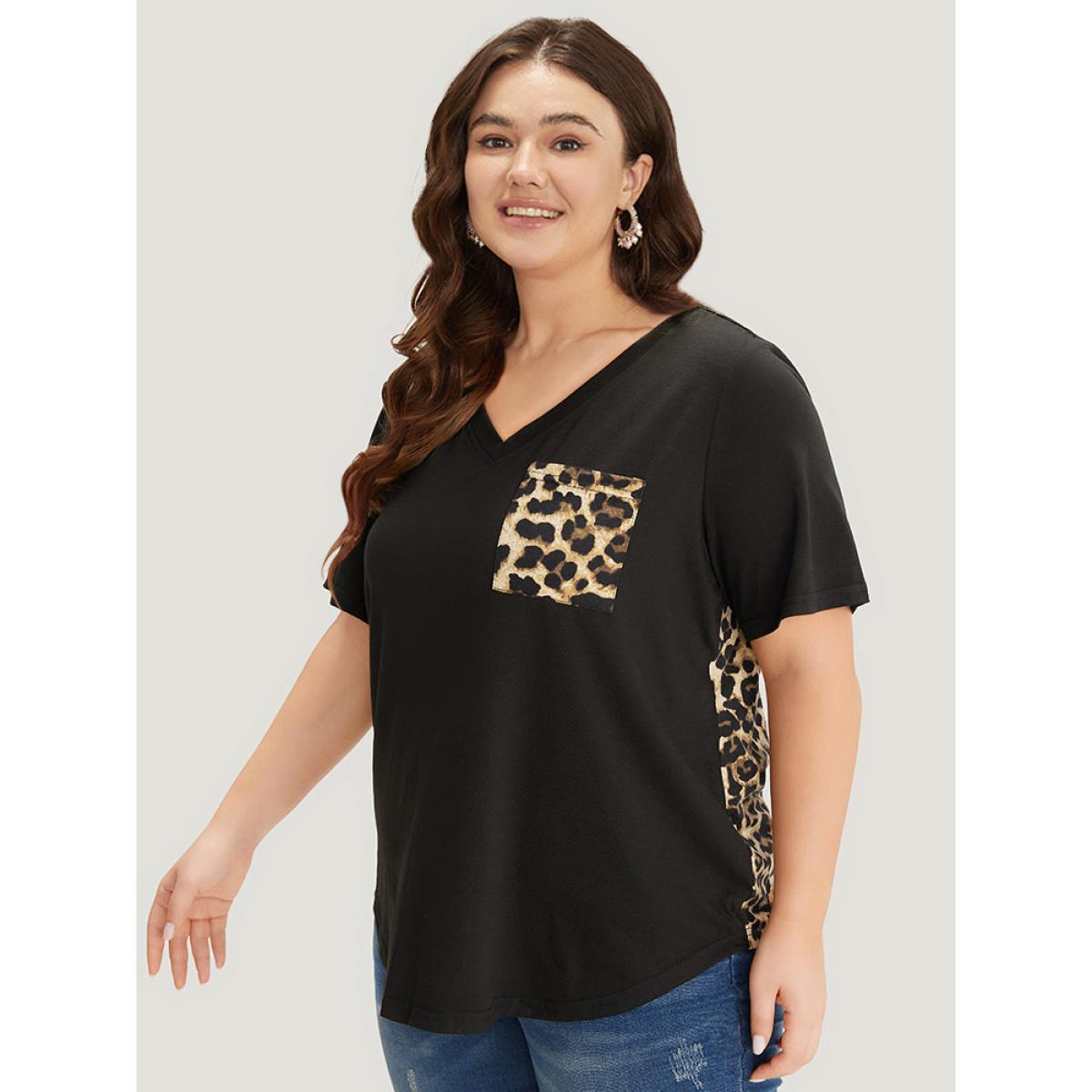 Plus Size Leopard Patchwork Patched Pocket V Neck T-shirt DimGray Women Casual Arc Hem Leopard V-neck Dailywear T-shirts BloomChic 14-16/1X Product Image