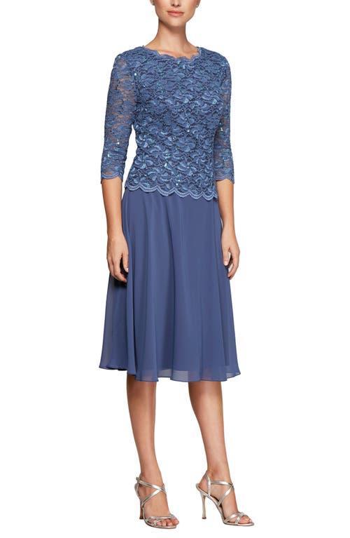 Alex Evenings Petite Size Scalloped Round Neck Sequin Lace Bodice 34 Sleeve Chiffon Skirted Tea Length Dress Product Image