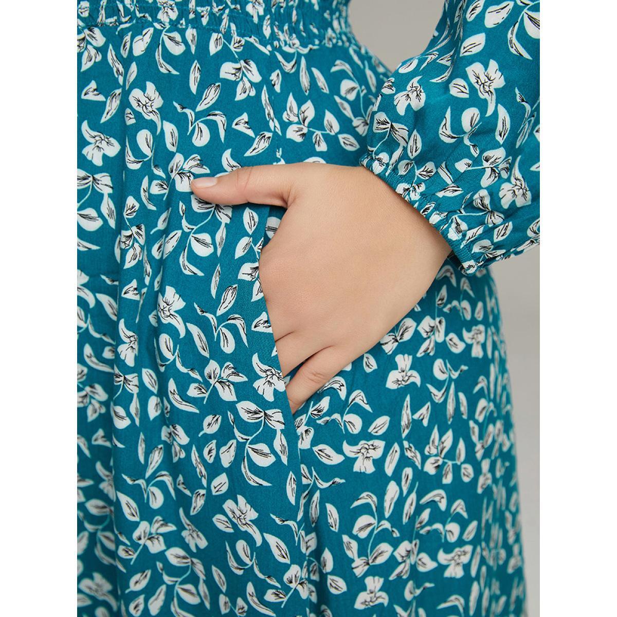 Plus Size Supersoft Essentials Ditsy Floral Shirred Pocket Dress Cerulean Women Elegant Elastic cuffs V-neck Long Sleeve Curvy Midi Dress BloomChic 26/4X Product Image
