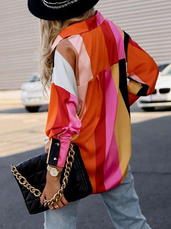 Long Sleeves Loose Contrast Color Printed Lapel Blouses Product Image