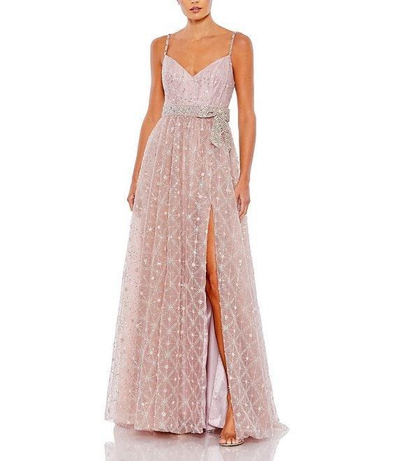 Mac Duggal V-Neck Beaded Bow Waist Embellished Mesh A-Line Gown Product Image