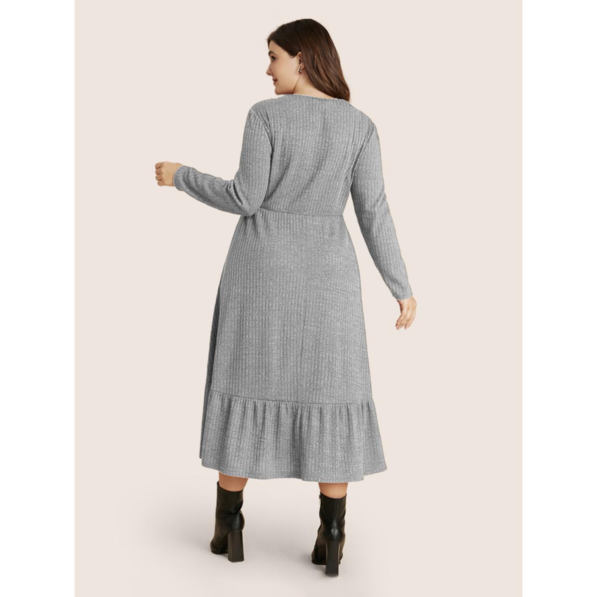 Plus Size Solid Pocket Rib Knit Ruffle Hem Dress Without Belt DarkGray Women Basics Non Round Neck Long Sleeve Curvy Midi Dress BloomChic 22-24/3X Product Image